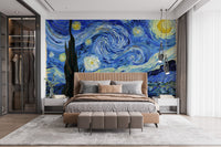 Impressionist starry night wall mural in bedroom with large window.