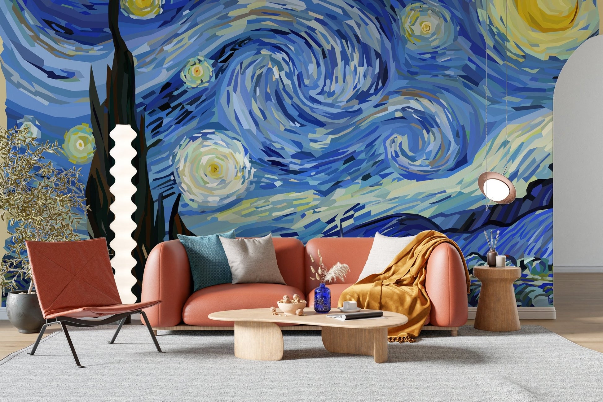 Van Gogh Starry Night Mural in bright residential room.