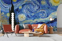Van Gogh Starry Night Mural in bright residential room.
