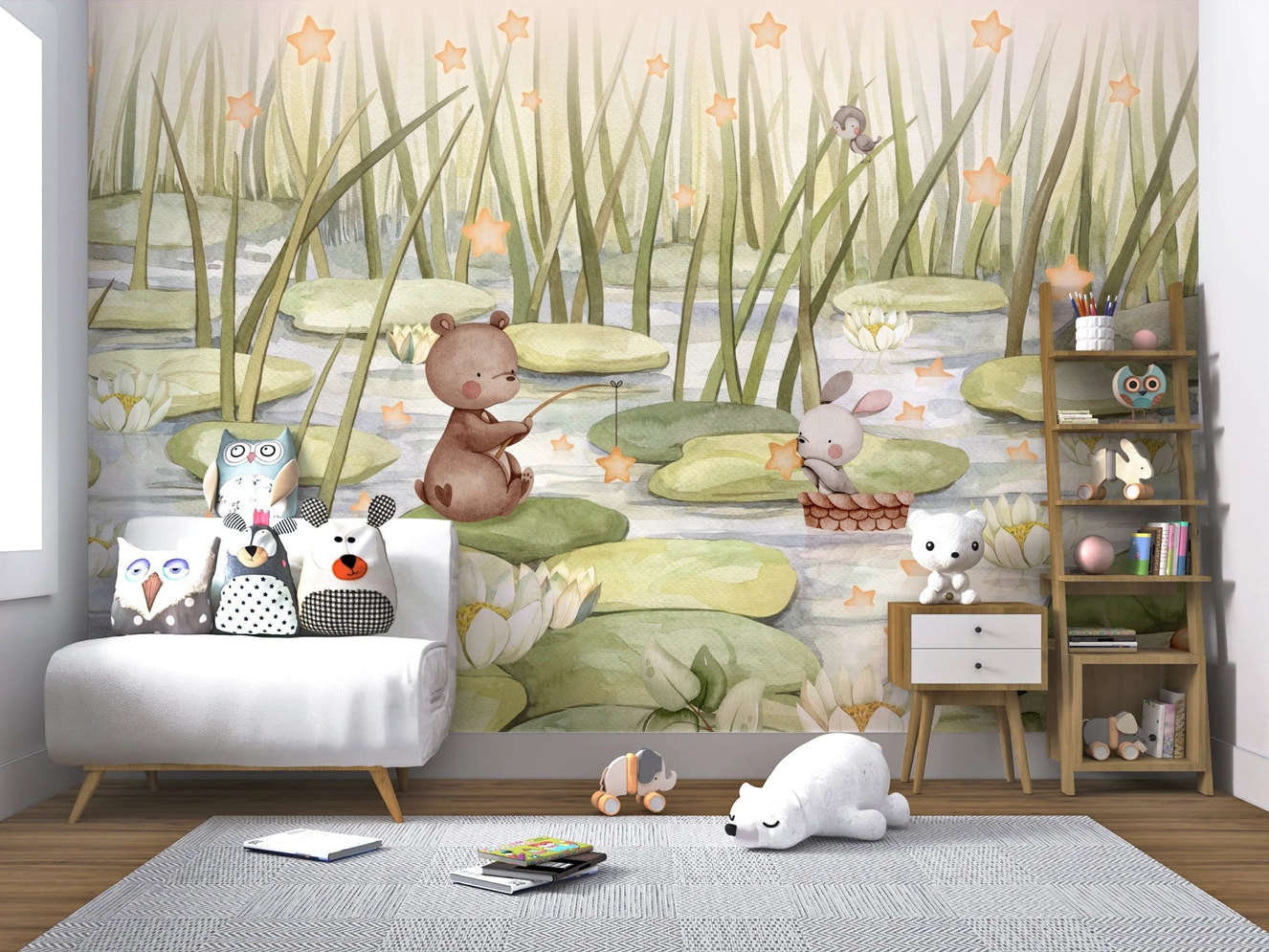 Starry Pond wall mural in a minimalist playroom.