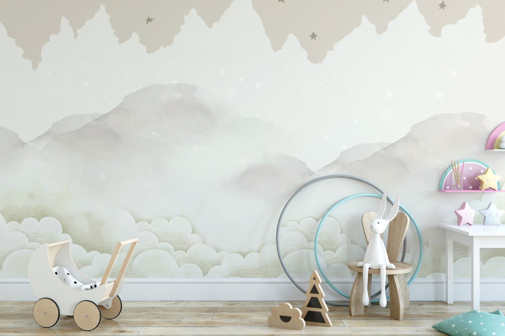 Soft gradient sky wallpaper wall mural with floating star details.