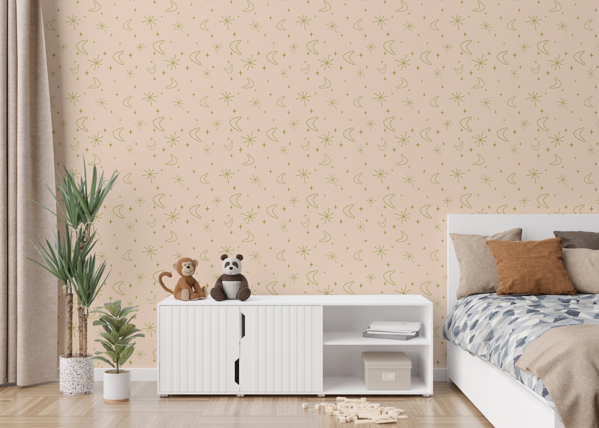 Stars and Moons Pastel Background Old Vintage Wall mural in a kids bedroom with a bed.