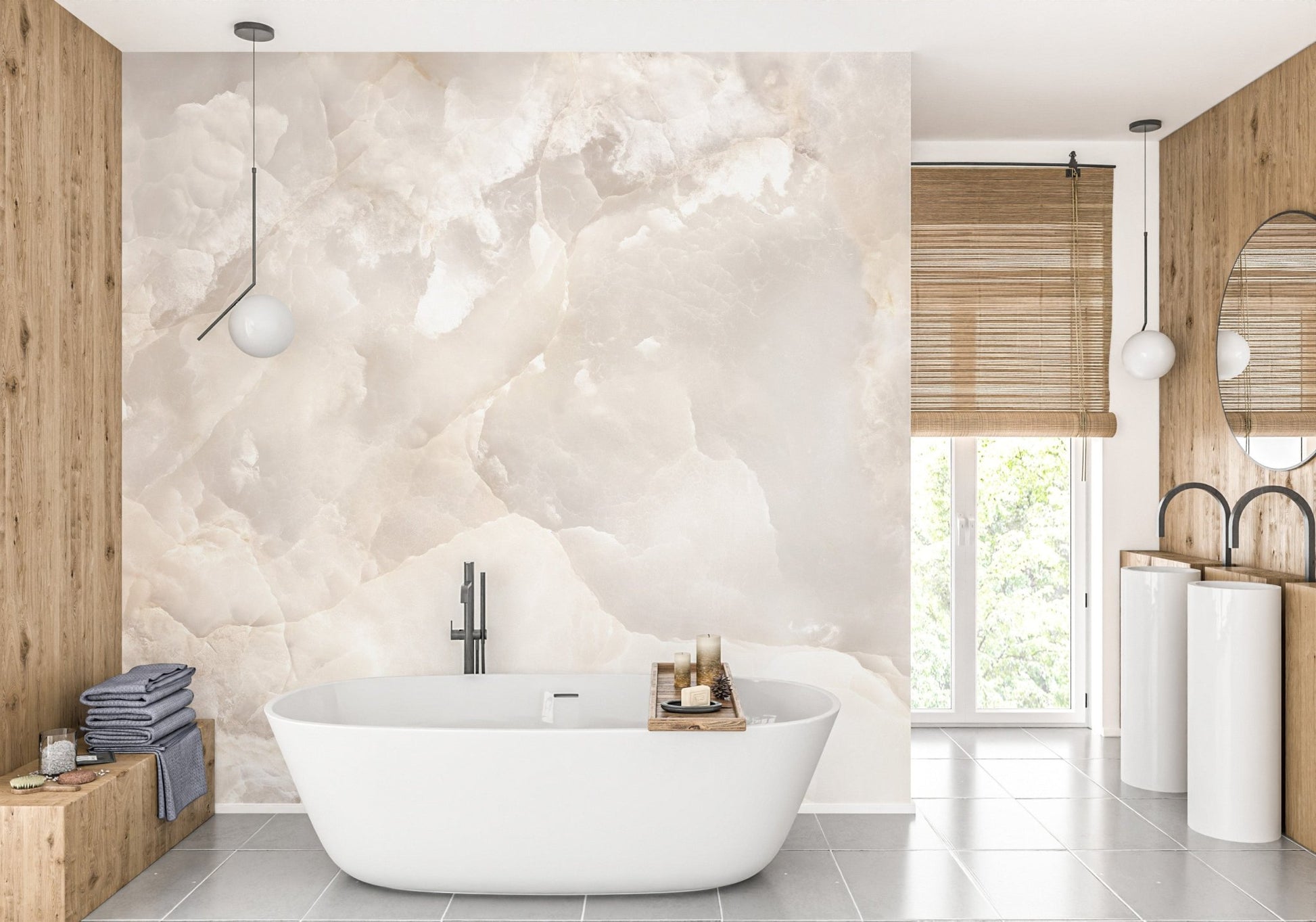 Beige marble wall mural in a bathroom with a white bathtub and wooden accents.
