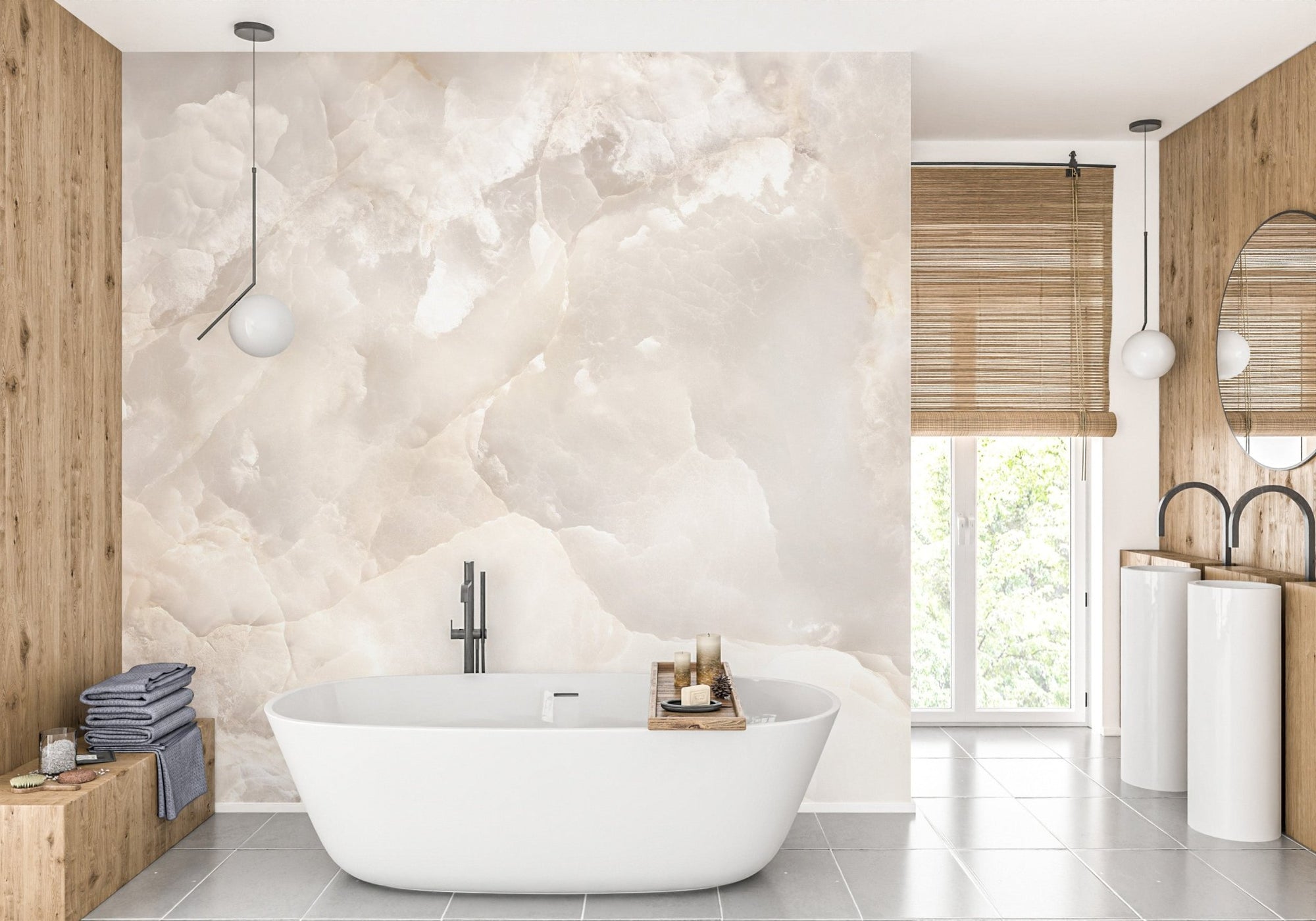 Beige marble wall mural in a bathroom with a white bathtub and wooden accents.