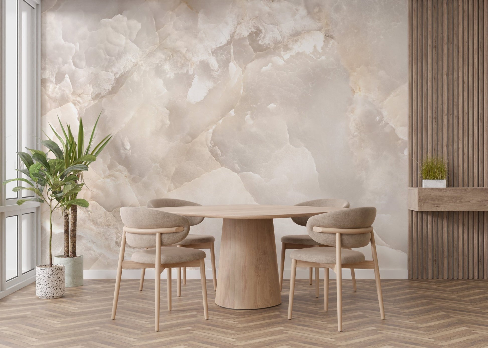 Stone glitter marble wall mural in a dining room with a round wooden table.
