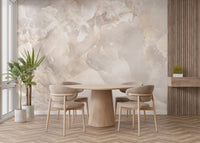 Stone glitter marble wall mural in a dining room with a round wooden table.
