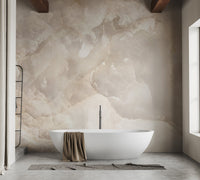 Marble texture wall mural in a bathroom with dark wooden ceiling beams.