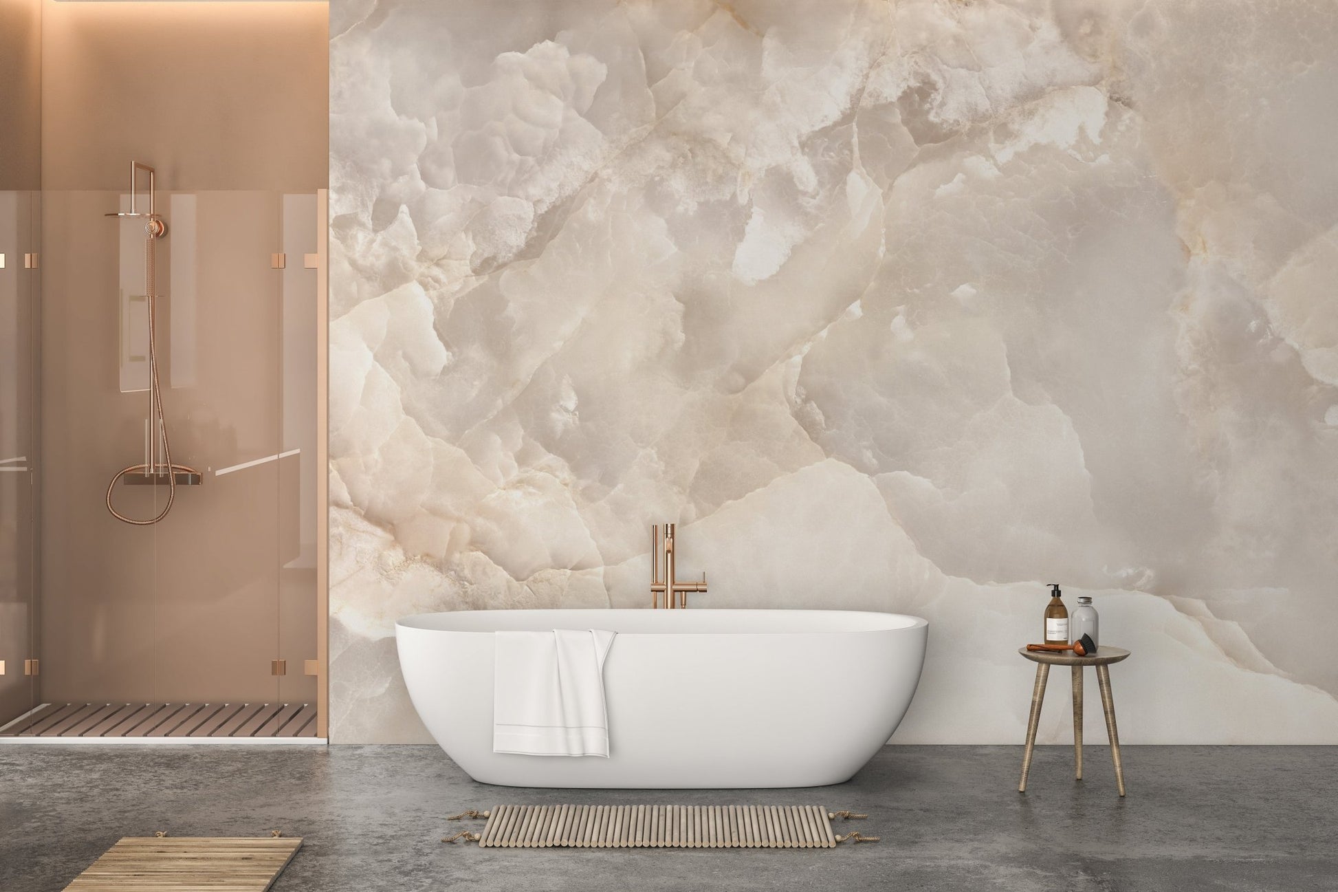 Beige stone wall mural in a modern bathroom with a freestanding tub.