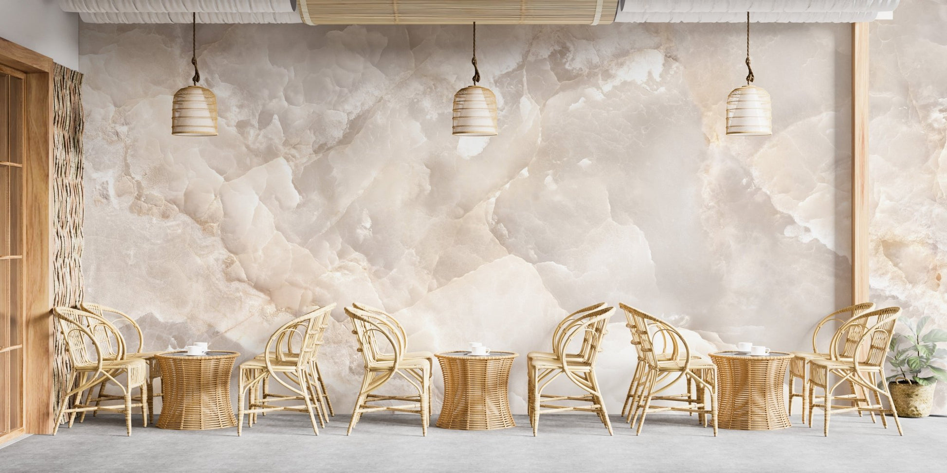 Marble pattern wall mural in a cafe seating area with wooden chairs.