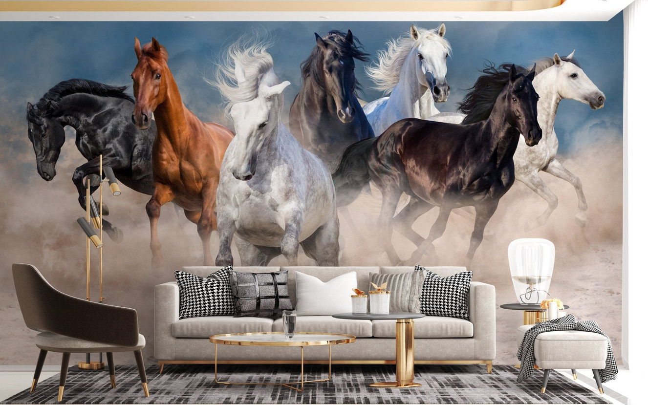 Stormy Running Horse Desert Wall Mural in a living room.