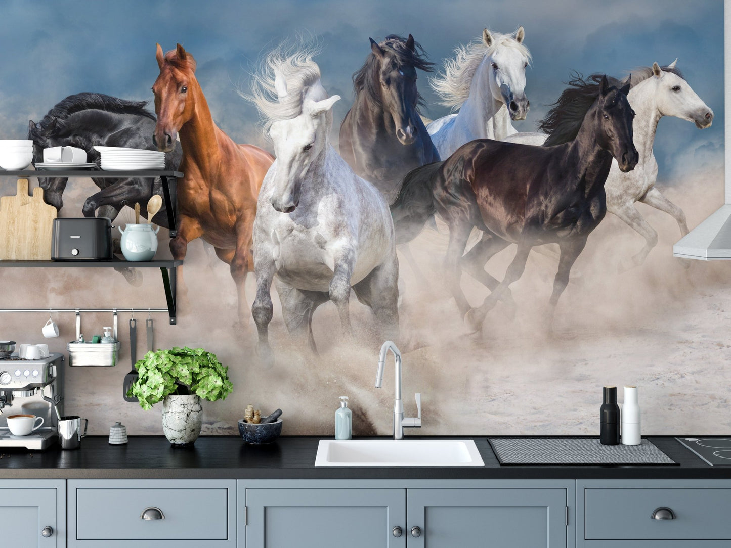 Running horse wall mural used in a minimalist kitchen with black cabinetry.