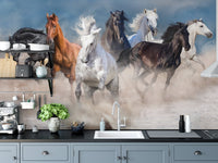 Running horse wall mural used in a minimalist kitchen with black cabinetry.