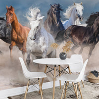 Seven horses wall mural behind a white round dining table and chairs.