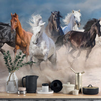 Brown and white horses wall mural displayed behind a kitchen counter area.