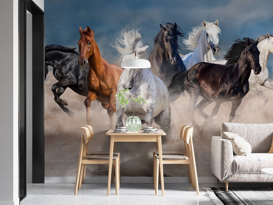 Stormy Running Horse Desert Wall Mural in a small dining nook.