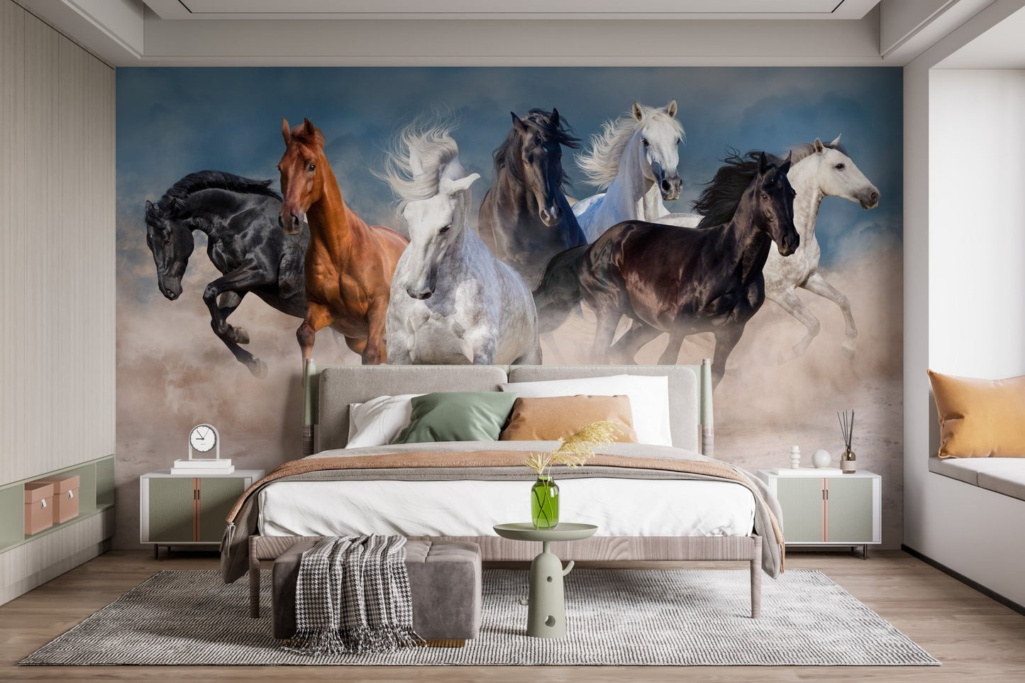 Stormy Running Horse Desert Wall Mural in a bedroom with a neutral bed frame.