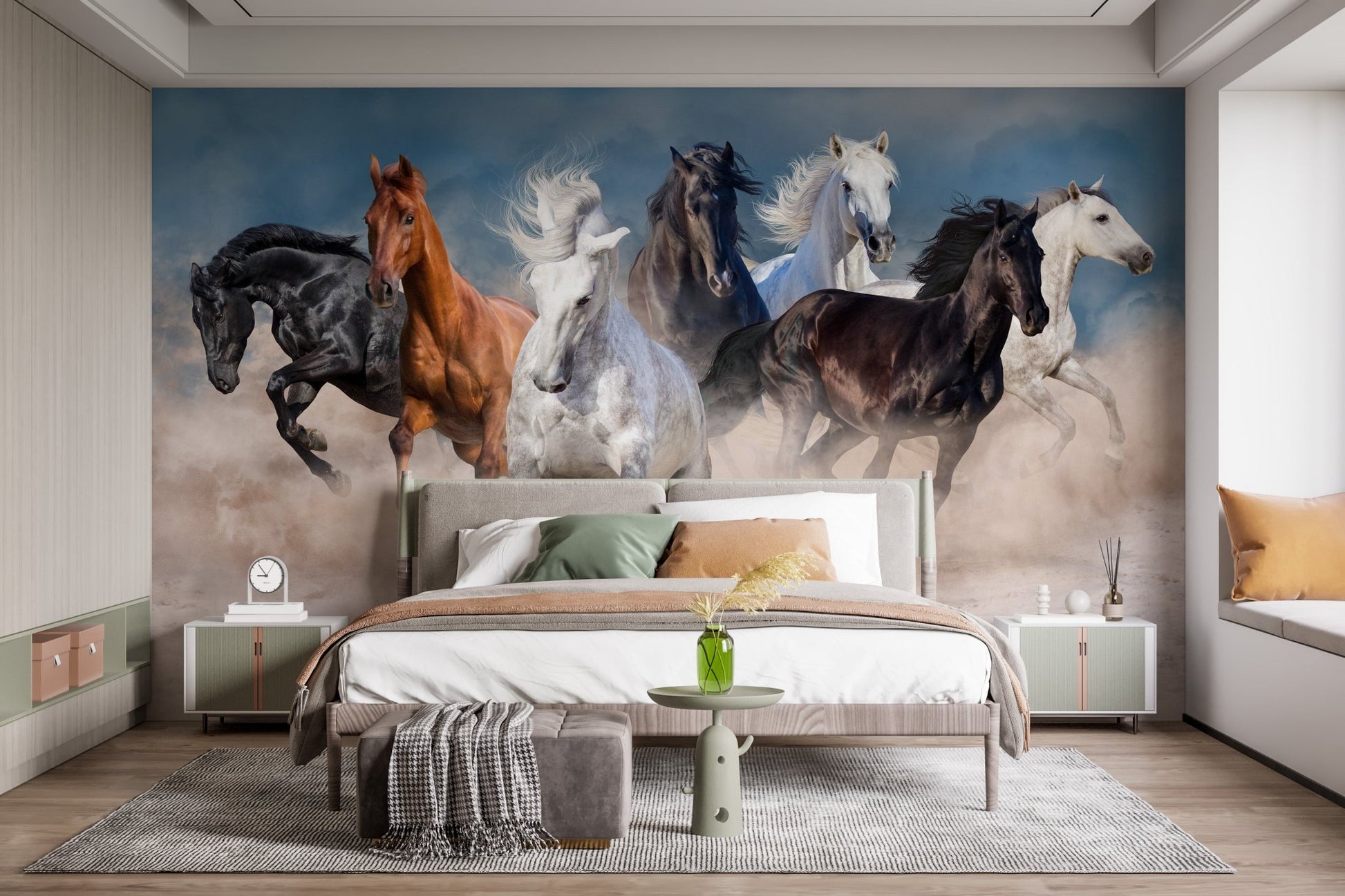 Stormy Running Horse Desert Wall Mural in a bedroom with a neutral bed frame.