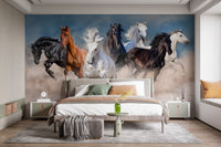 Stormy Running Horse Desert Wall Mural in a bedroom with a neutral bed frame.