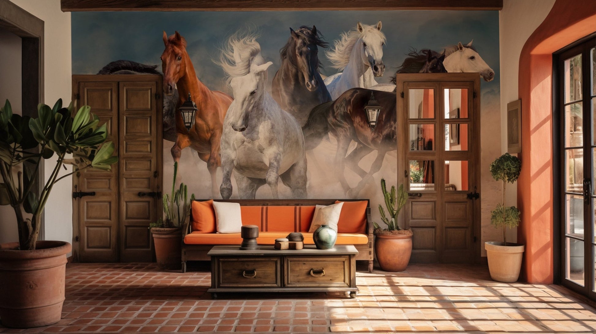 Galloping horse wall mural in a rustic living space with terracotta floor tiles.