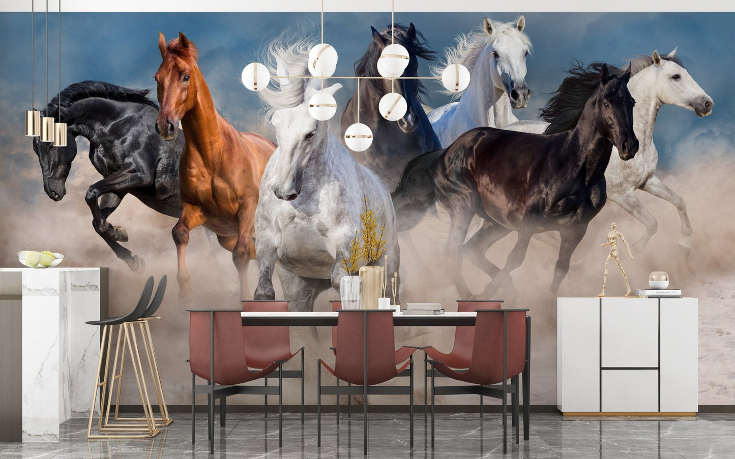 Large horse wall mural in a dining room with red chairs and marble flooring.