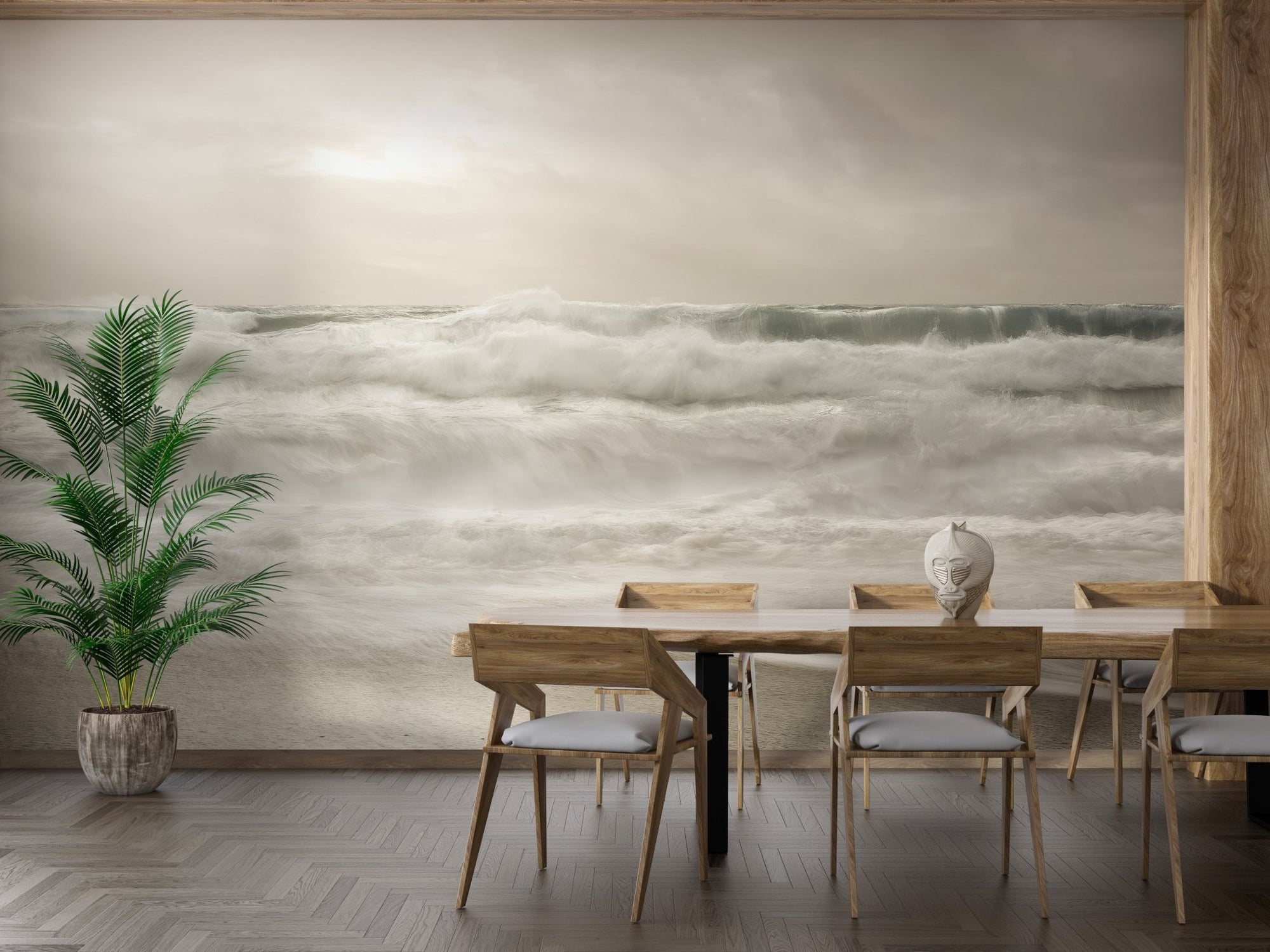 Cloudy sky and rough surf wallpaper mural in muted neutral colors.