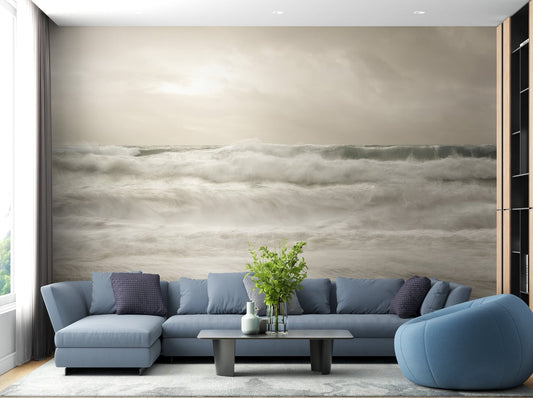 Coastal wave motion wallpaper mural with sandy beige foreground tones.