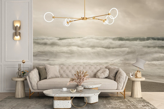 Sepia storm waves and sea foam wallpaper mural with misty horizon.