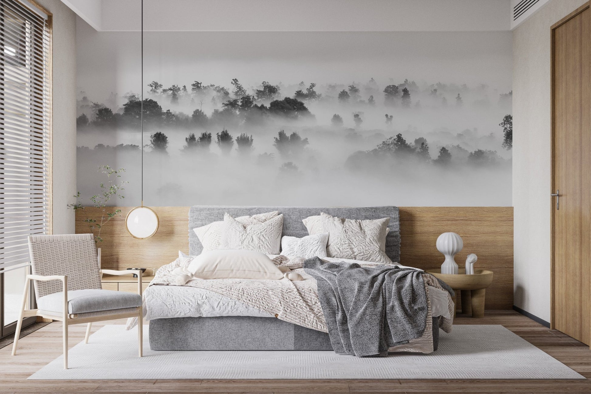 Stormy silhouettes mural for artistic and stylish bedroom interior.