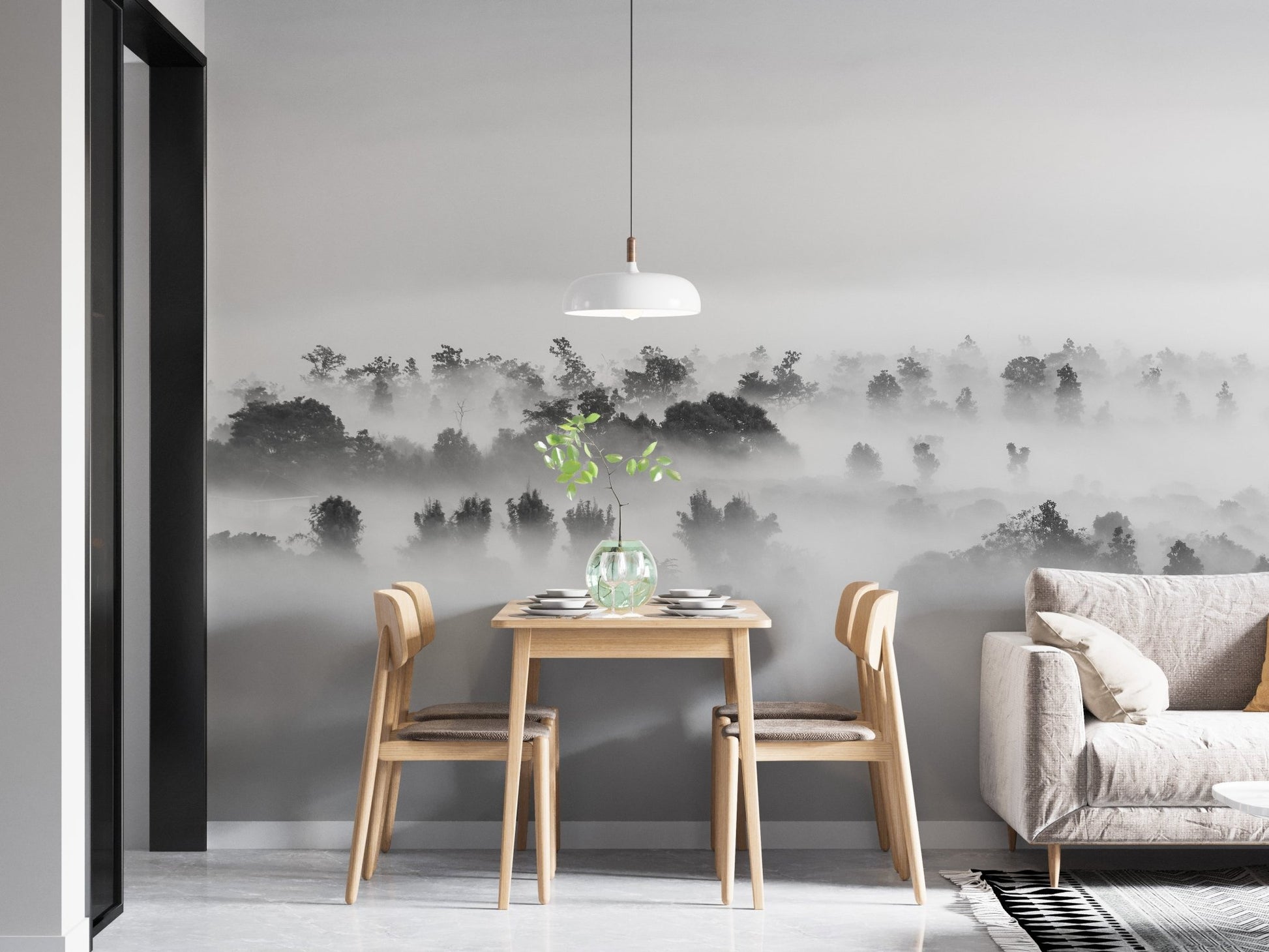 Moody stormy silhouettes wall mural for striking wall design in dining area.

