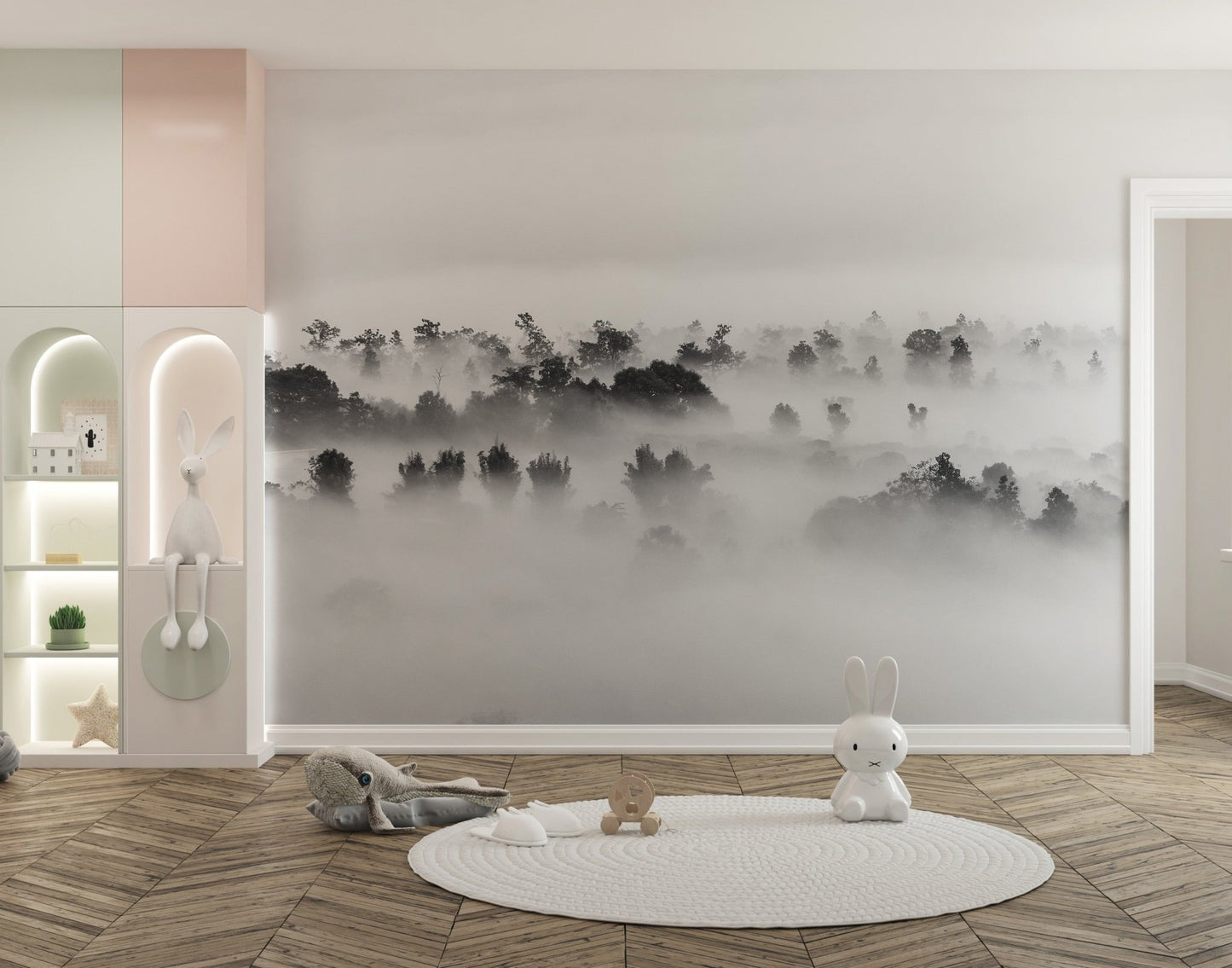 Artistic mural with stormy silhouettes creating a moody ambiance in kids room.
