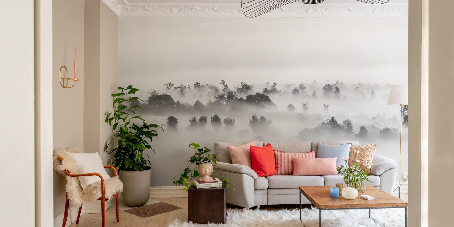 Bold wall mural showcasing stormy and abstract silhouettes in living room.
