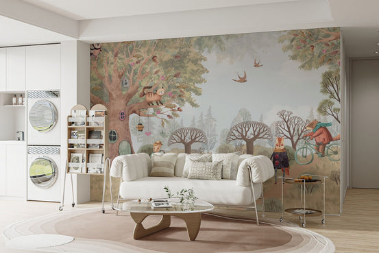 Pastel colored storybook wallpaper mural with owls and cats in a cozy wood.
