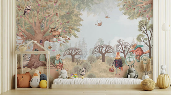 Storybook animals wallpaper mural with whimsical forest creatures and tall trees.