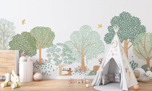 Storybook deer wallpaper mural with woodland trees and animals.