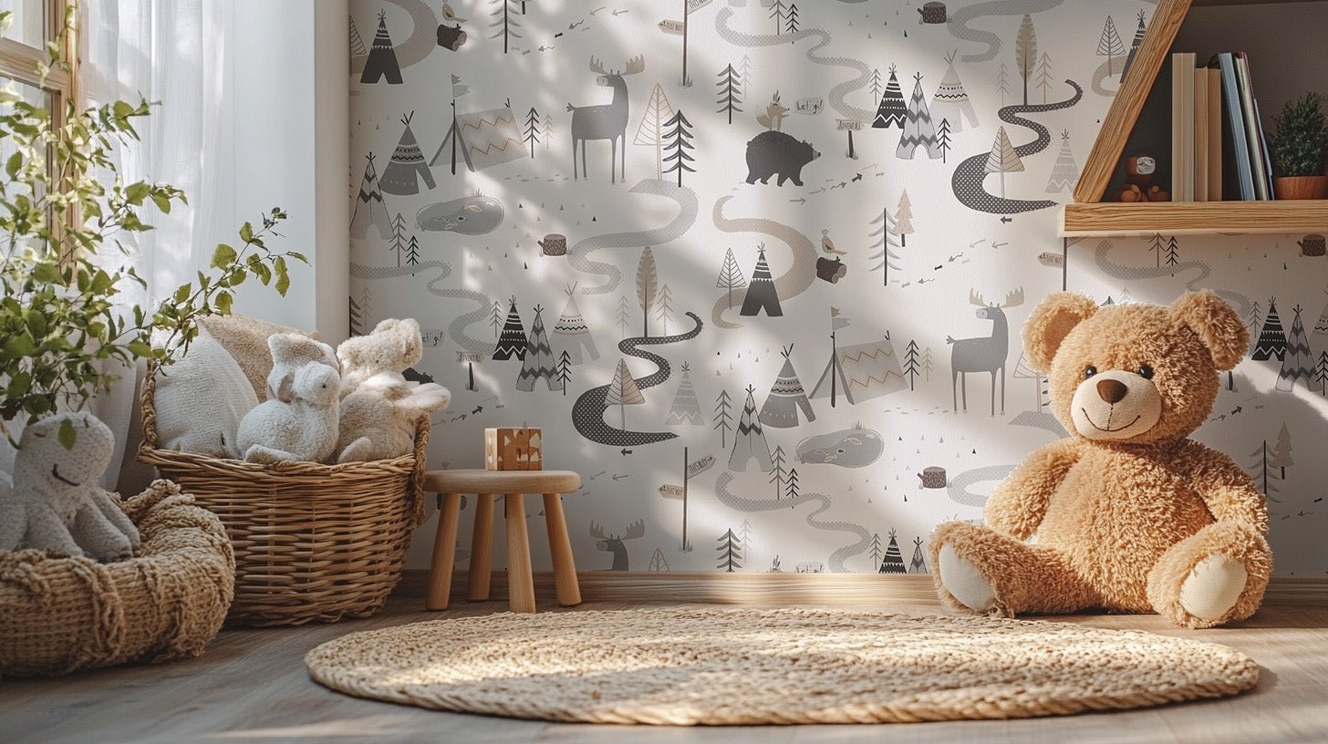 Scenic forest road mural with storybook vibes
