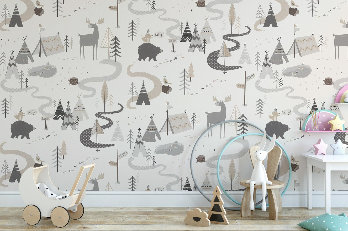 Storybook forest road wallpaper with woodland animal pattern.