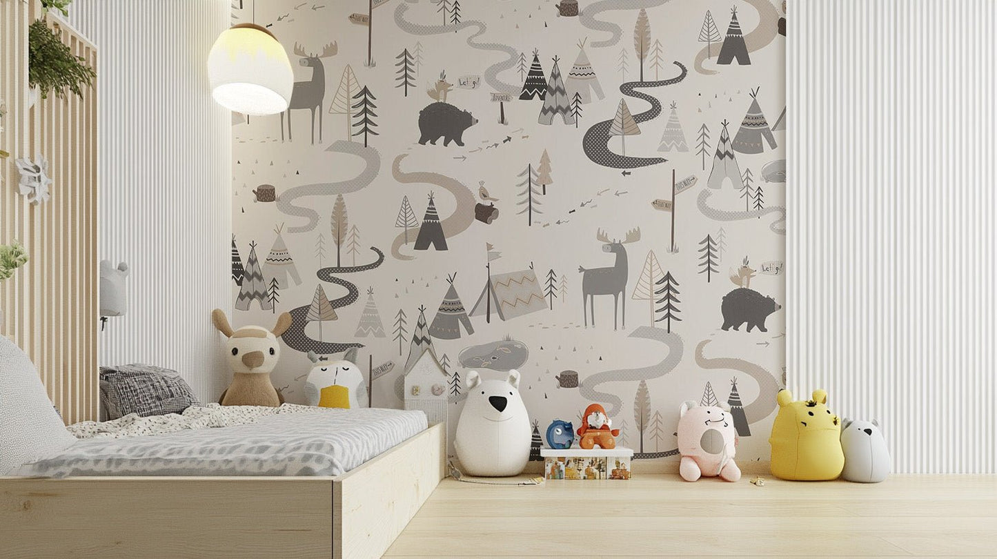 Dreamy forest road mural for magical spaces
