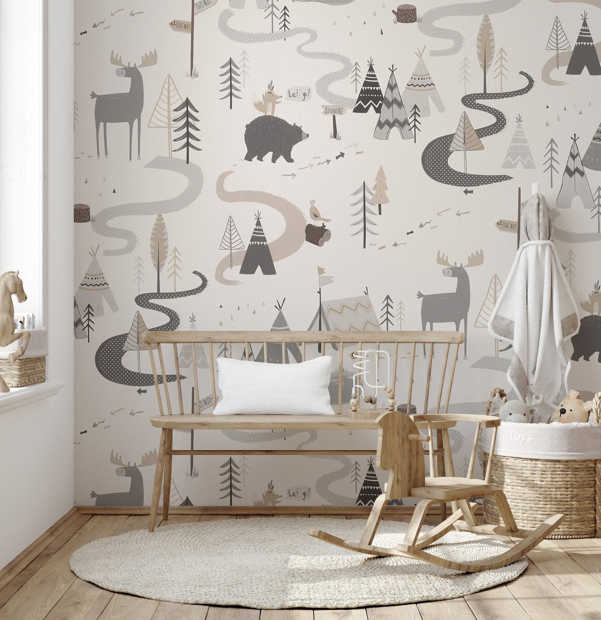 Whimsical forest road wall mural for homes
