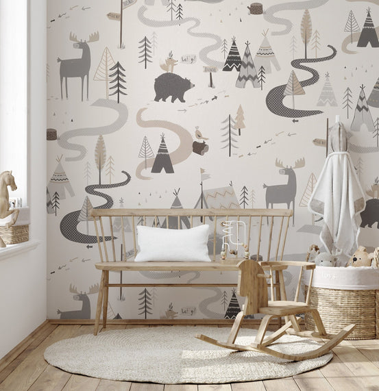 Minimal forest pattern wallpaper with teepee and wildlife.