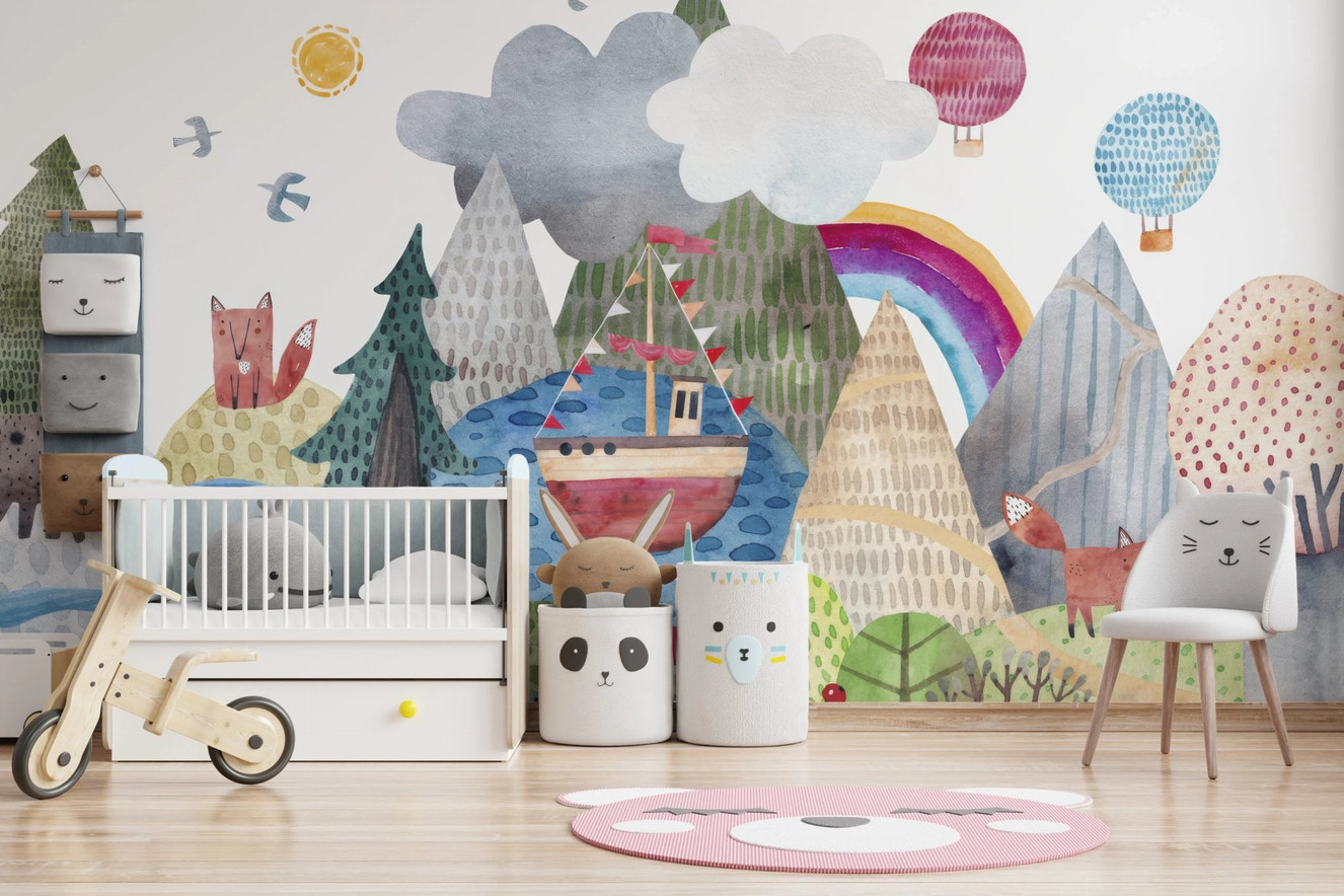 Watercolor mountain and forest mural for kids room.