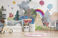 Watercolor mountain and forest mural for kids room.