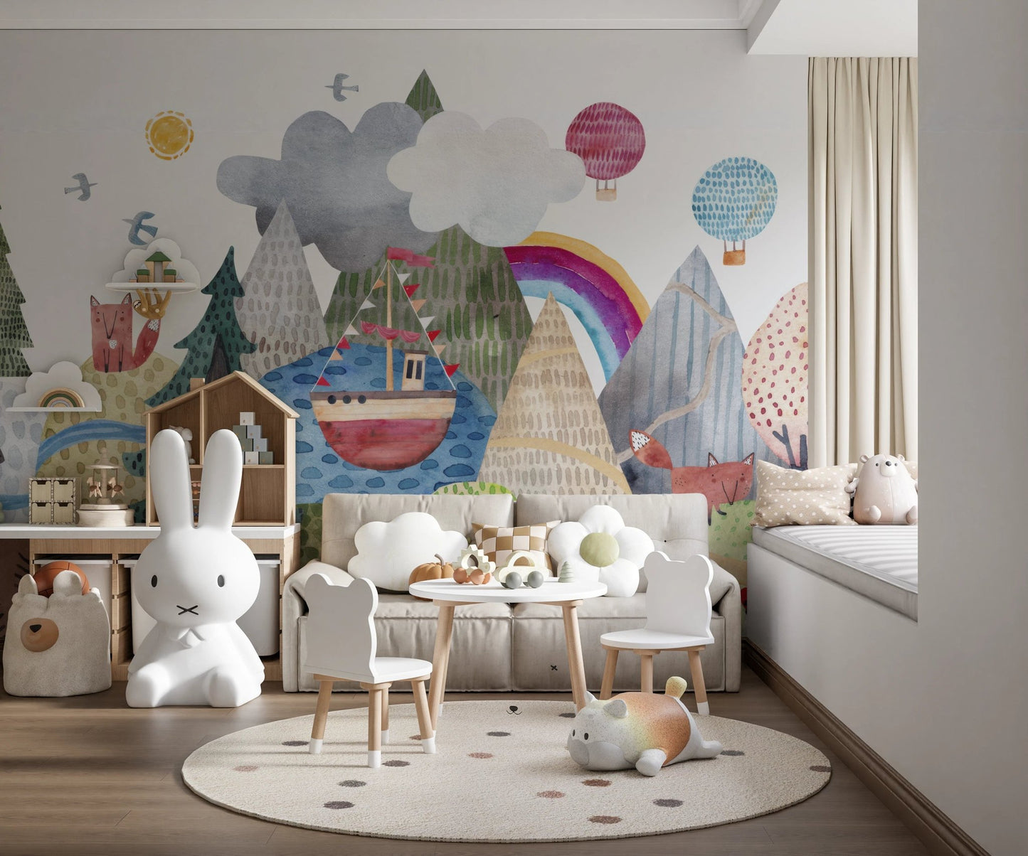 Storybook scenery wallpaper with red tulips.