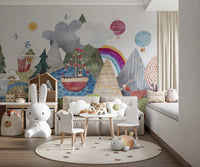 Storybook scenery wallpaper with red tulips.