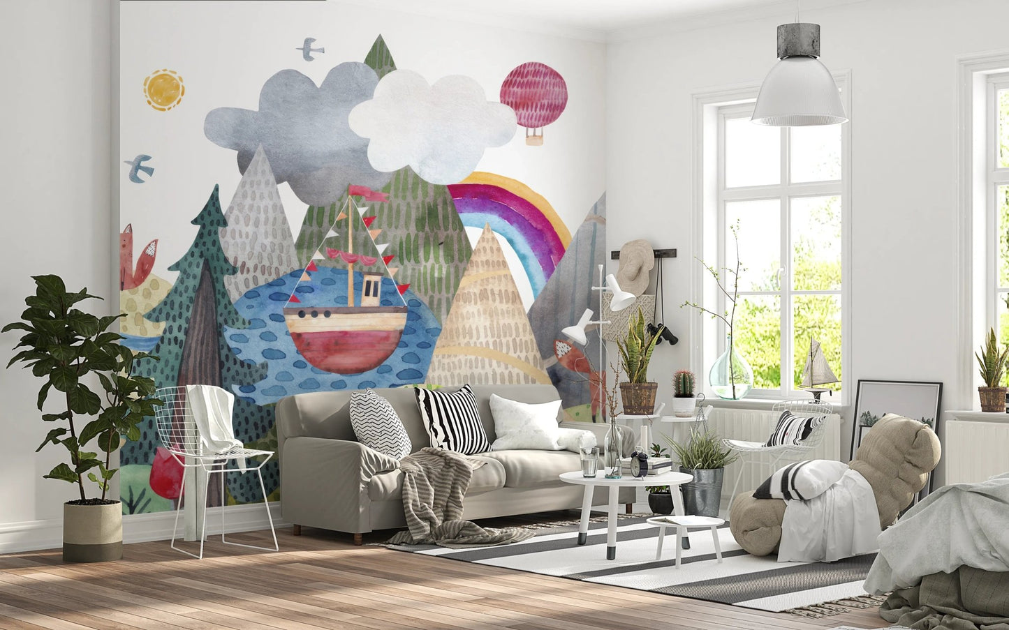 Colorful rainbow and clouds wallpaper for children.