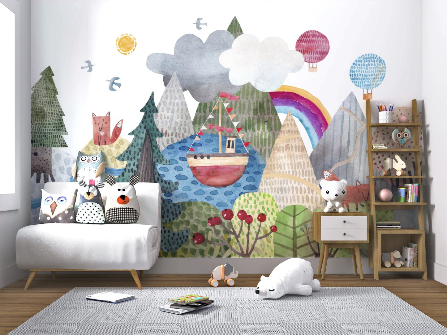 Pastel hot air balloons over mountain landscape.