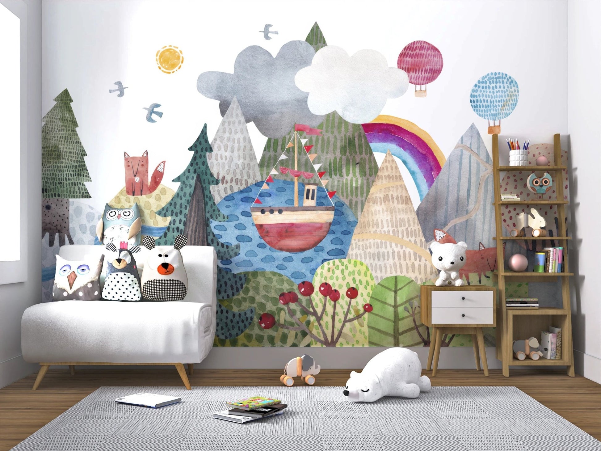 Pastel hot air balloons over mountain landscape.