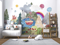 Pastel hot air balloons over mountain landscape.