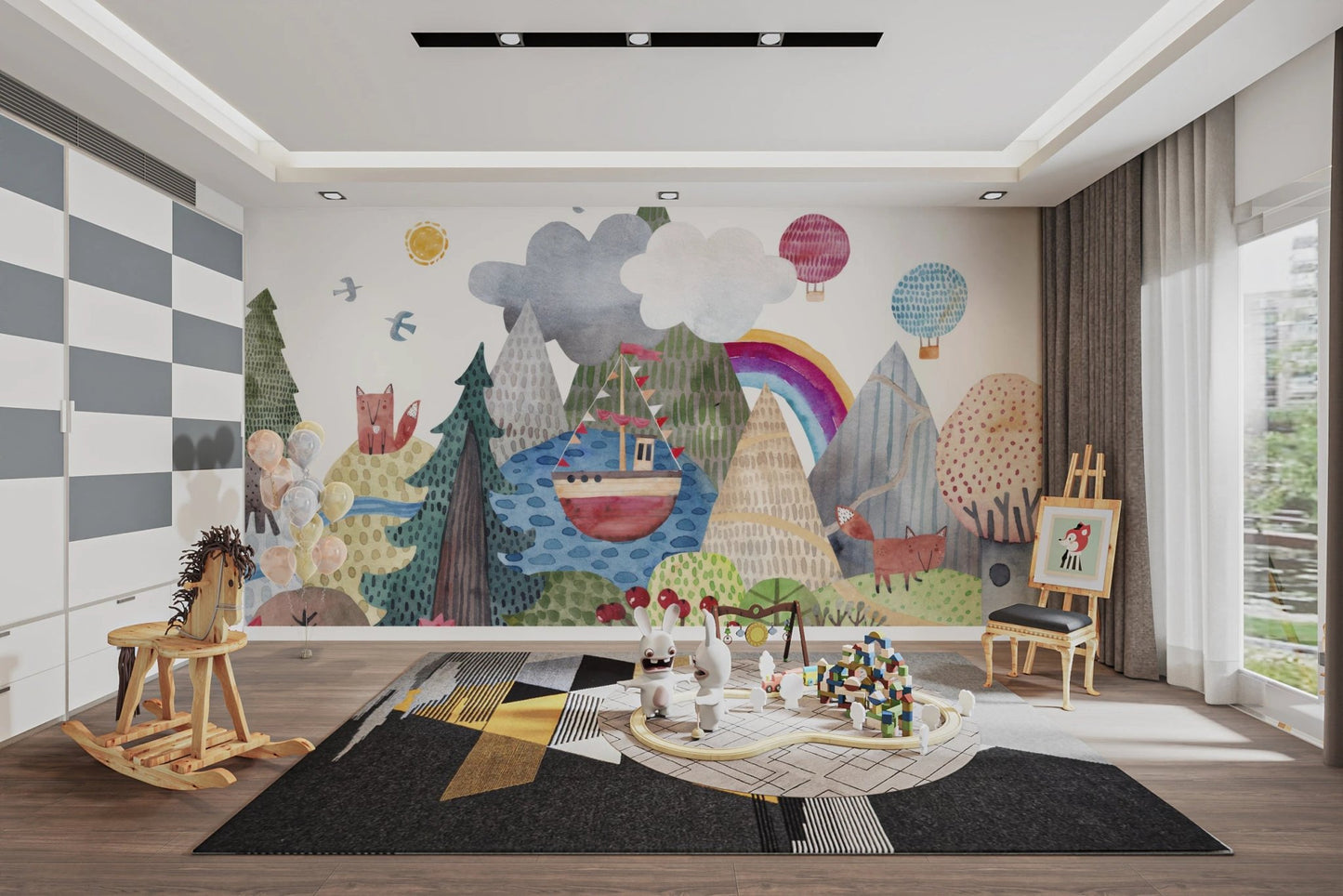 Pine trees and woodland animal mural art.