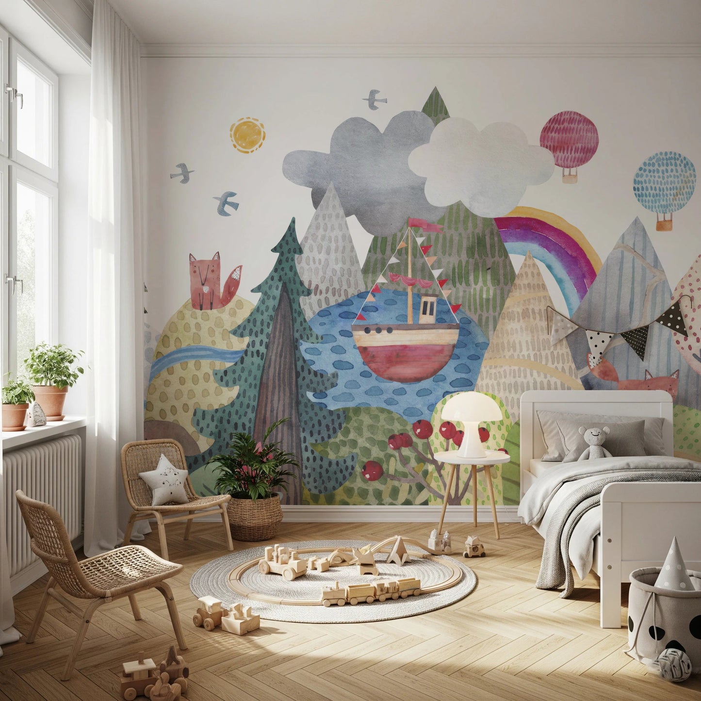 Sailing boat on a blue lake mural for nursery.