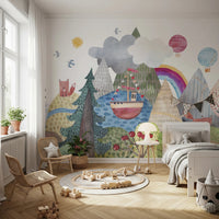 Sailing boat on a blue lake mural for nursery.